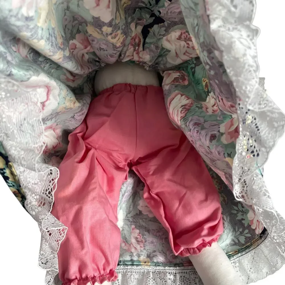 Vintage Cloth Bunny Rabbit Doll Primitive Country Calico Floral Dress 80's 90's